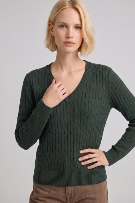 Koyu Yeşil %100 Pamuk V Yaka Triko Kazak - 1