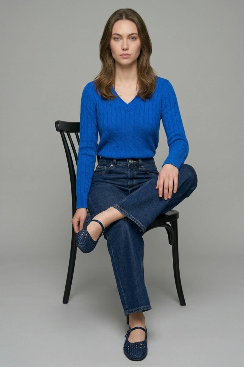 Saks %100 Pamuk V Yaka Triko Kazak - 3