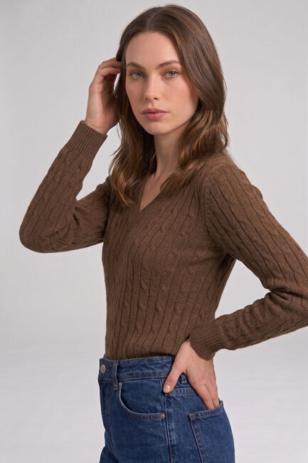 Tütün %100 Pamuk V Yaka Triko Kazak - 4