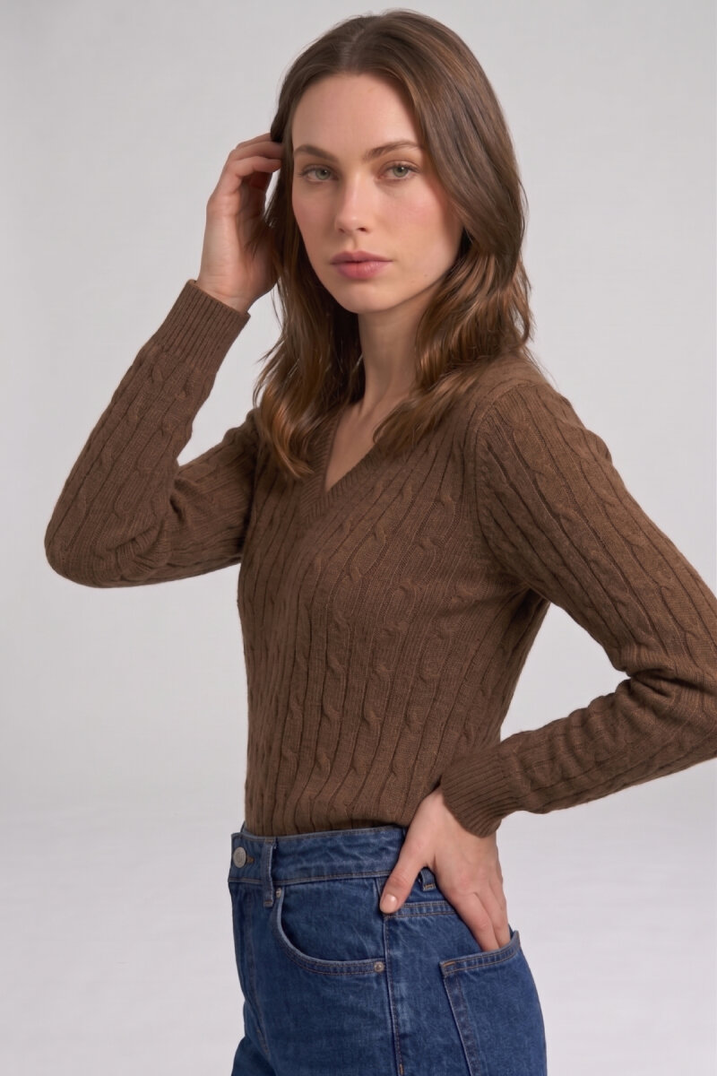 Tütün %100 Pamuk V Yaka Triko Kazak - 4