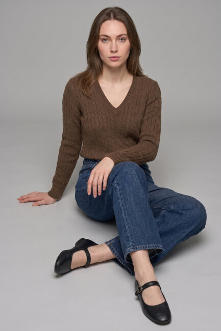 Tütün %100 Pamuk V Yaka Triko Kazak - 3