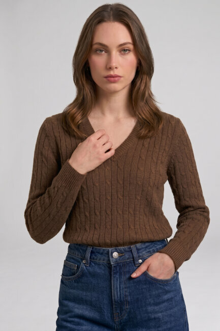 Tütün %100 Pamuk V Yaka Triko Kazak