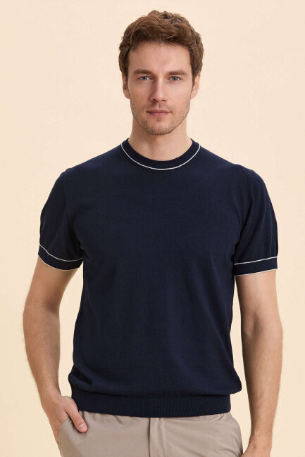Navy Blue 100% Cotton Crew Neck Short Sleeve Sweater 