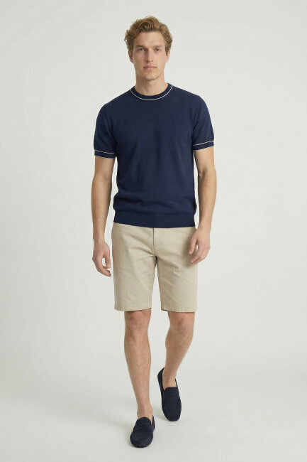 Navy Blue 100% Cotton Crew Neck Short Sleeve Sweater - 5