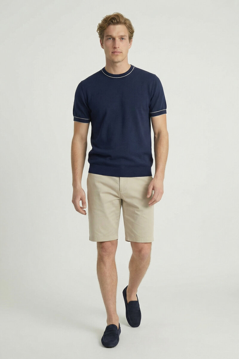 Navy Blue 100% Cotton Crew Neck Short Sleeve Sweater - 5