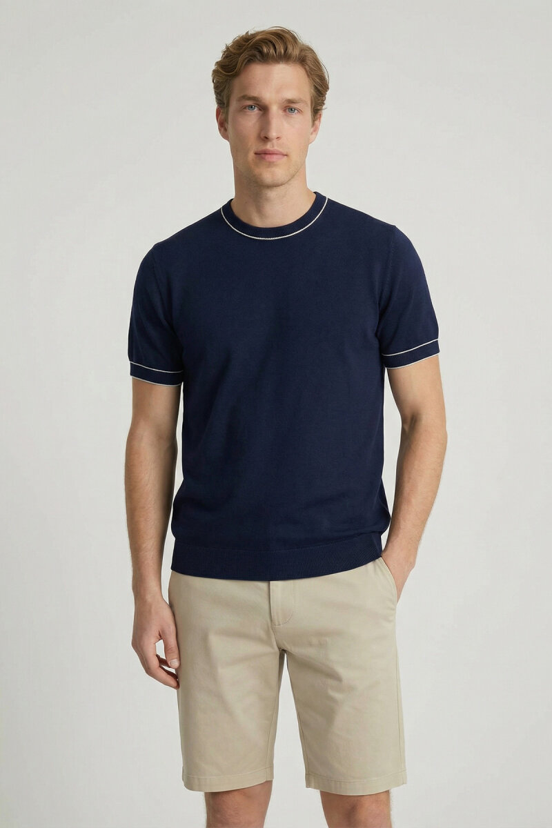 Navy Blue 100% Cotton Crew Neck Short Sleeve Sweater - 1