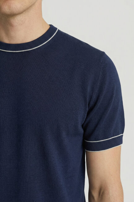 Navy Blue 100% Cotton Crew Neck Short Sleeve Sweater - 3