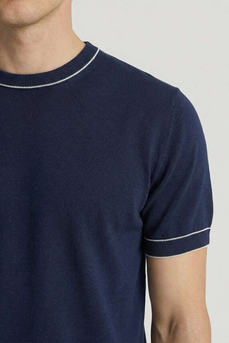 Navy Blue 100% Cotton Crew Neck Short Sleeve Sweater - 3