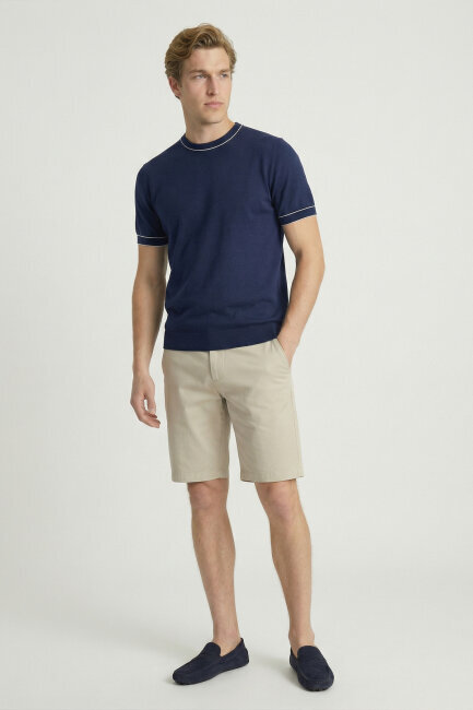 Navy Blue 100% Cotton Crew Neck Short Sleeve Sweater - 2