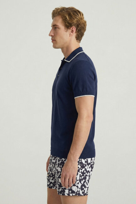 Navy Blue 100% Cotton Polo Knit - 4