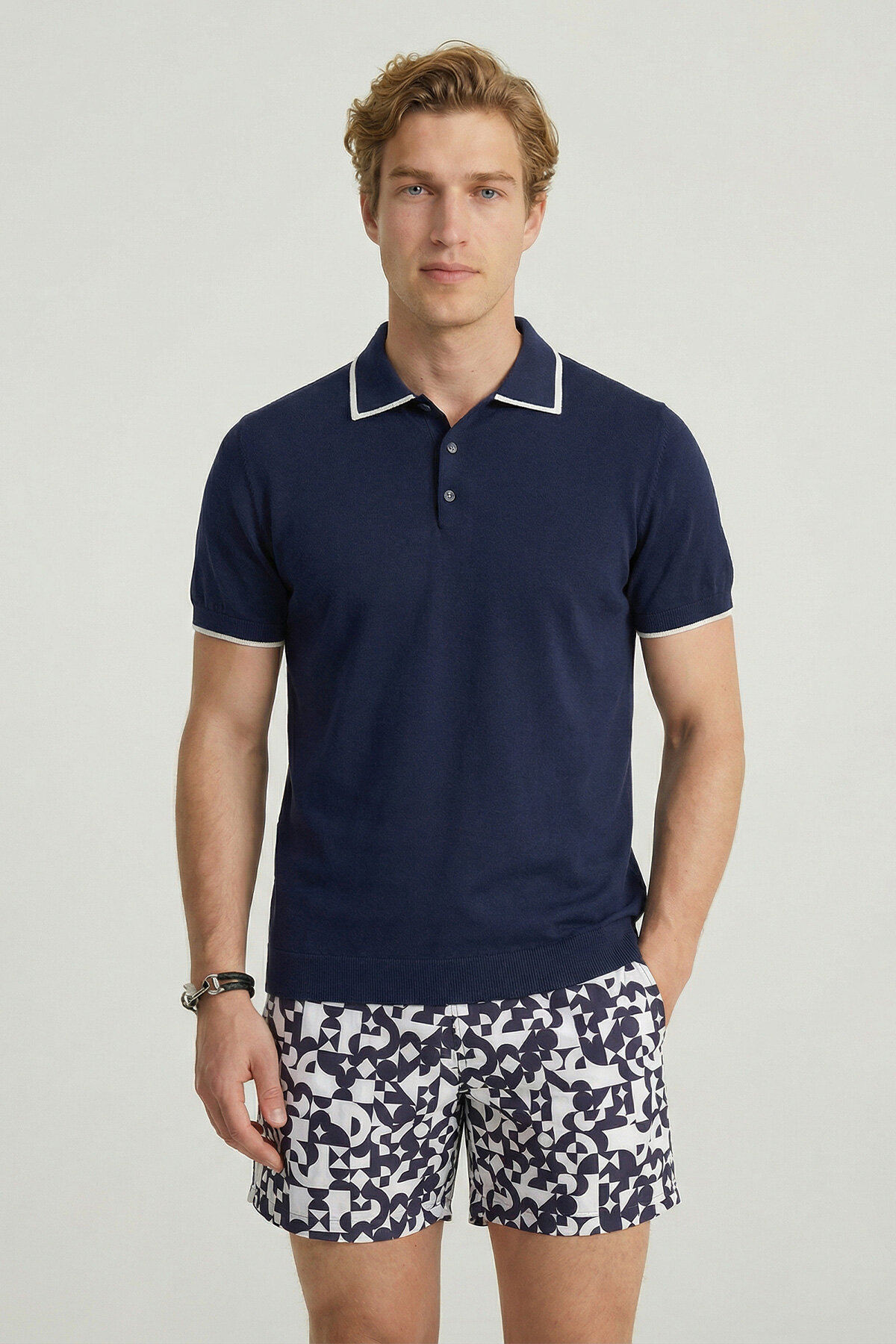 Navy Blue 100% Cotton Polo Knit - 1