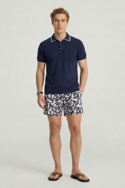 Navy Blue 100% Cotton Polo Knit - 5