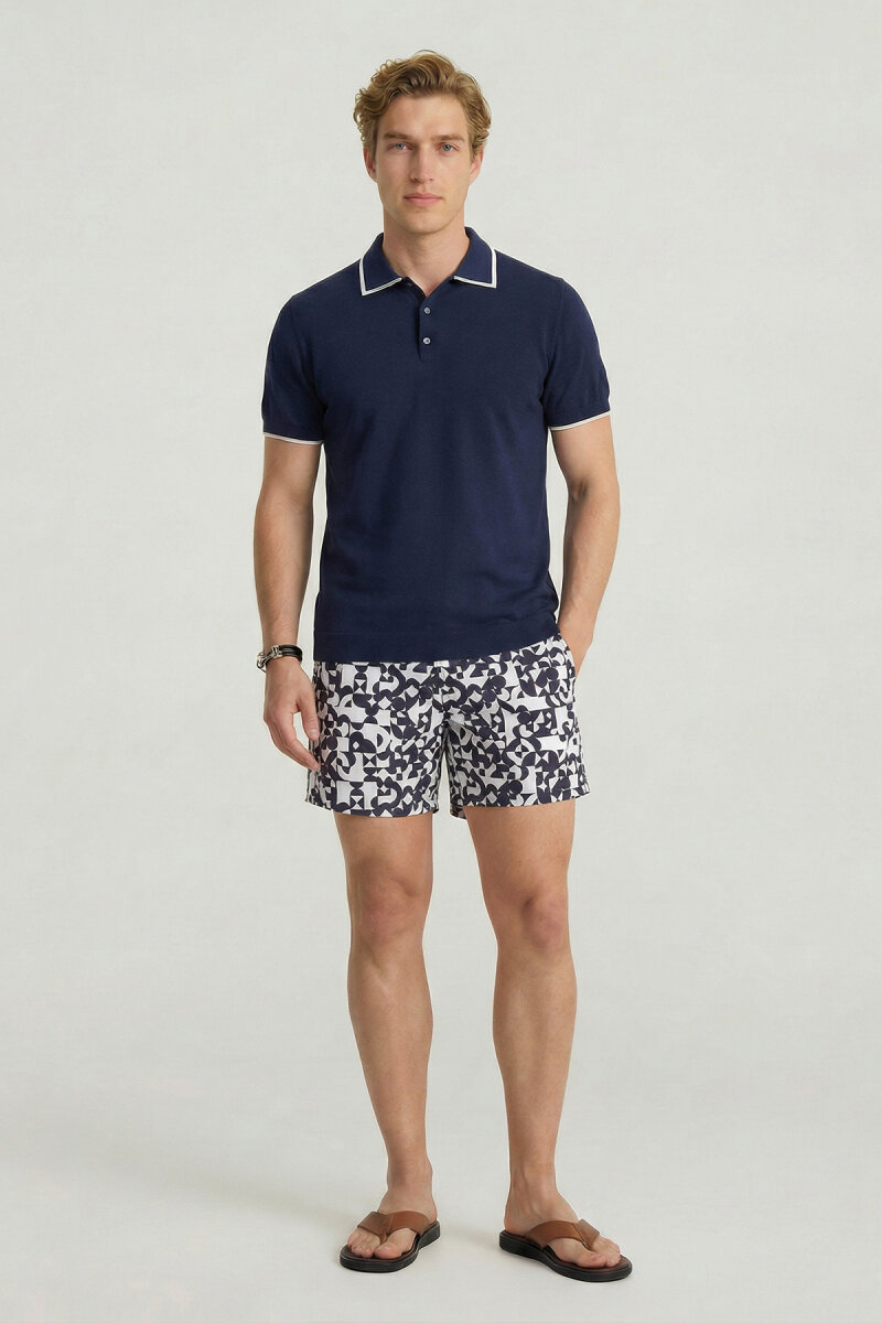 Navy Blue 100% Cotton Polo Knit - 5