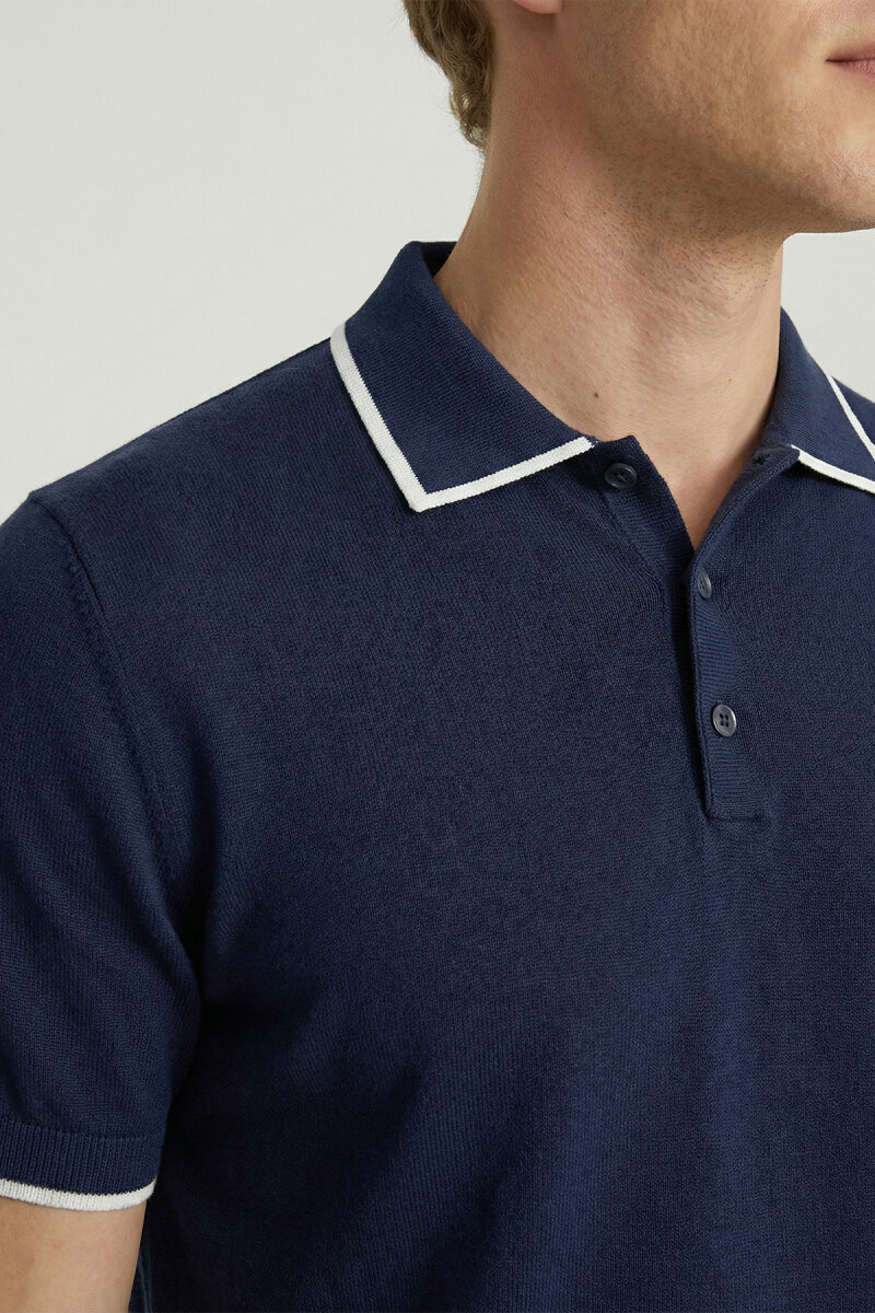 Navy Blue 100% Cotton Polo Knit - 3