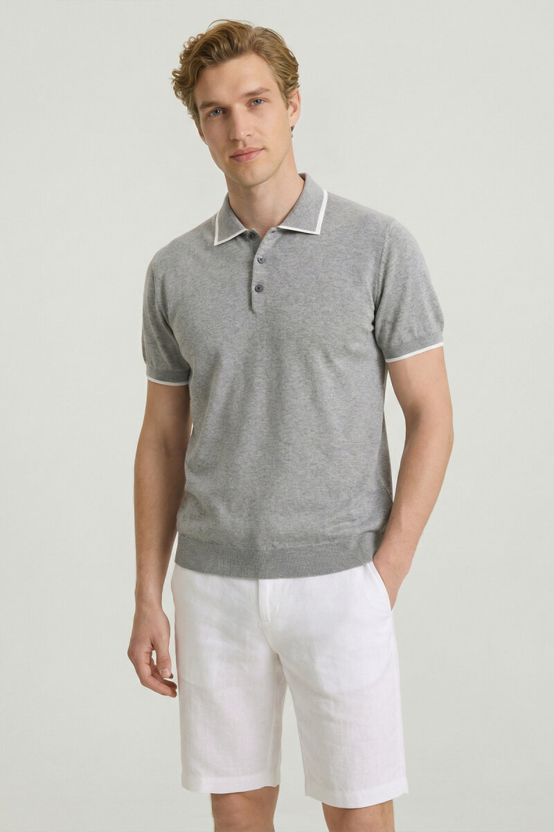 Gray Melange 100% Cotton Polo Knitwear - 1