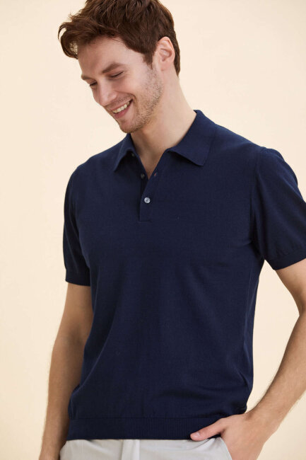 Navy Blue 100% Cotton Polo Knit