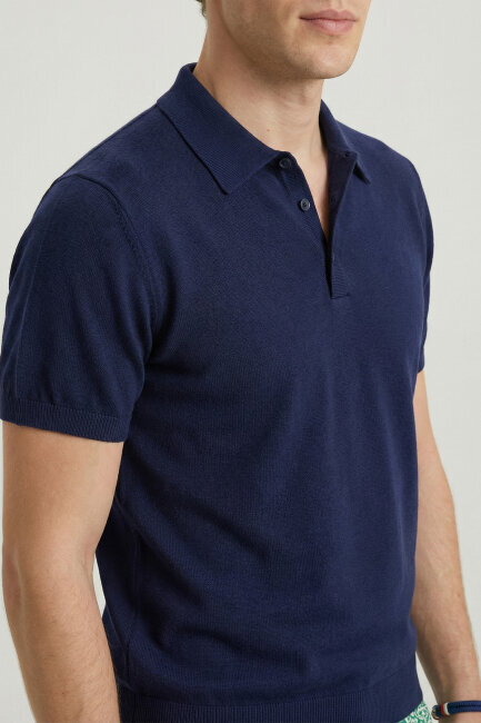 Navy Blue 100% Cotton Polo Knit - 3