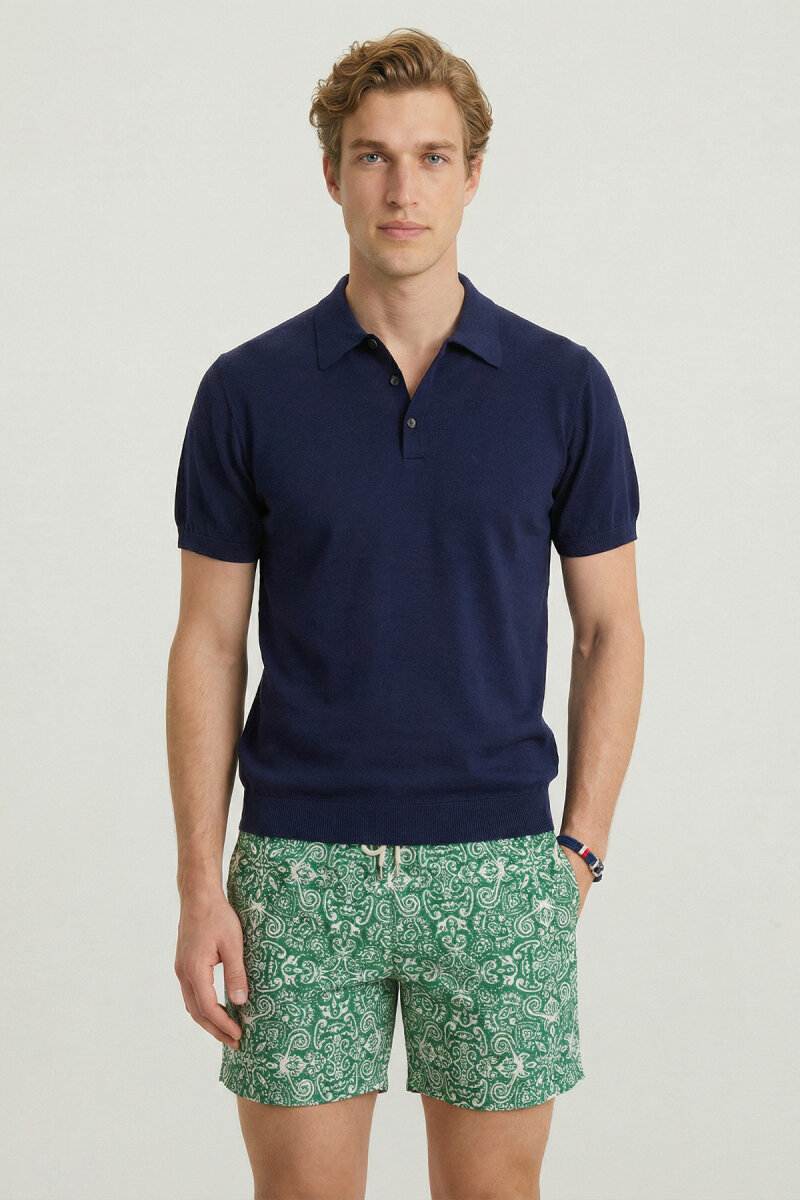 Navy Blue 100% Cotton Polo Knit - 1