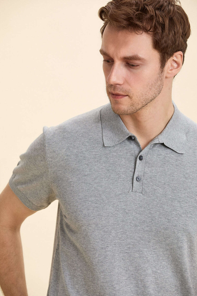 Gray Melange 100% Cotton Polo Knitwear - 3