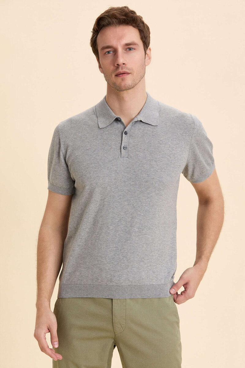 Gray Melange 100% Cotton Polo Knitwear - 1