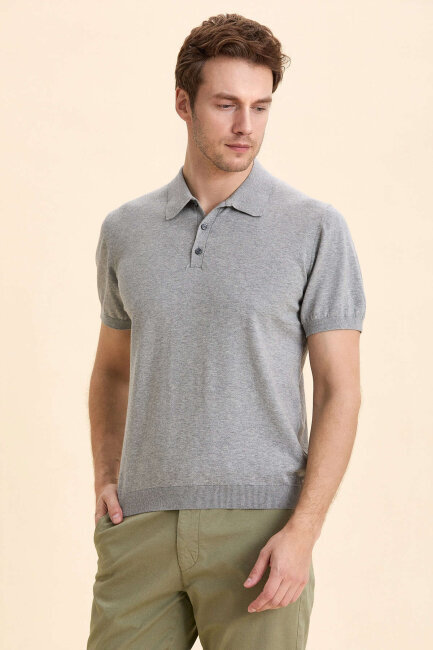 Gray Melange 100% Cotton Polo Knitwear - 4