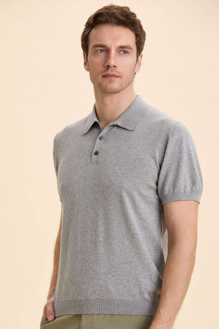 Gray Melange 100% Cotton Polo Knitwear - 5