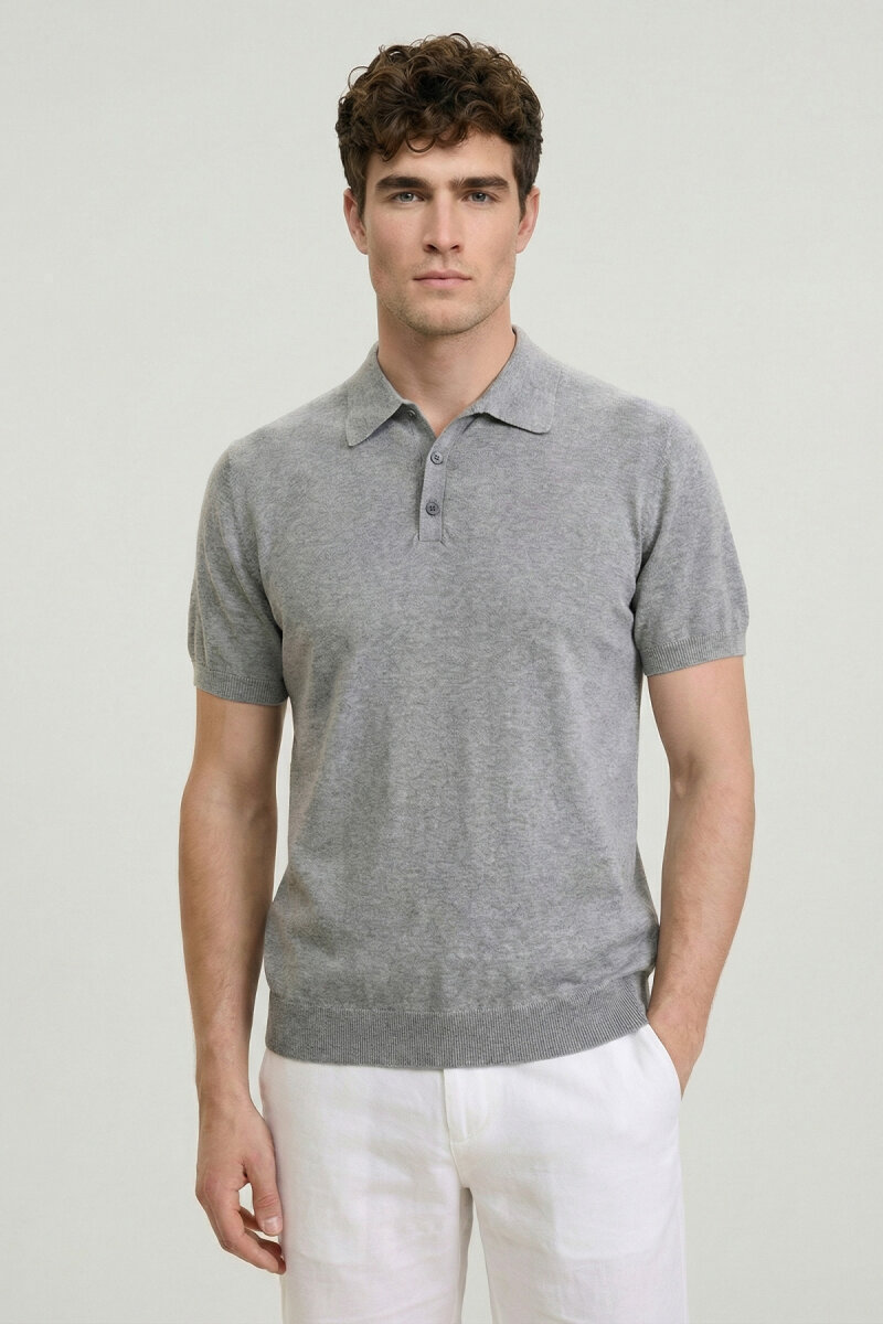 Gray Melange 100% Cotton Polo Knitwear