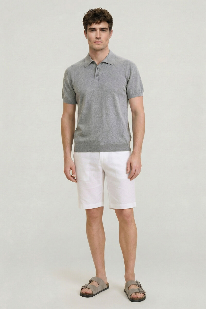 Gray Melange 100% Cotton Polo Knitwear - 5