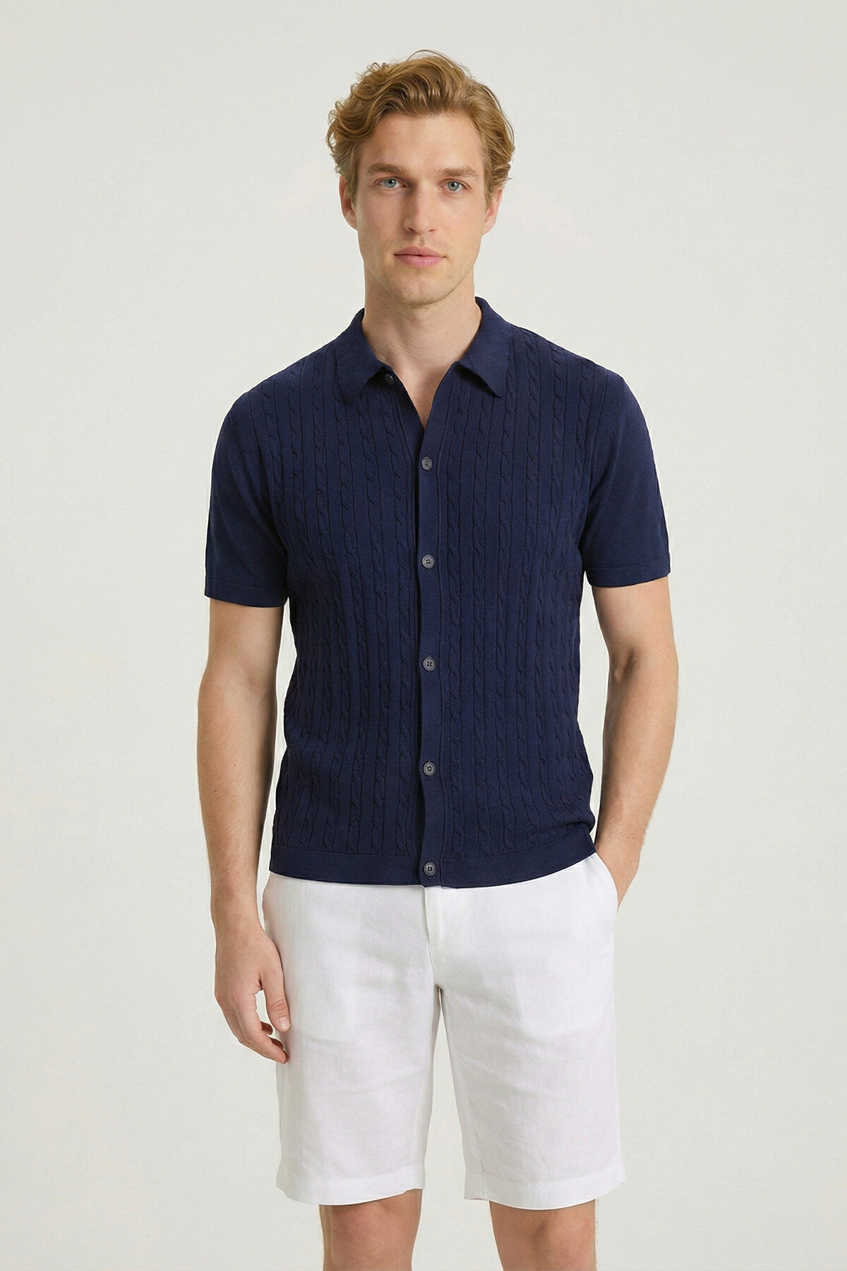 Navy Blue 100% Cotton Polo Knit - 1