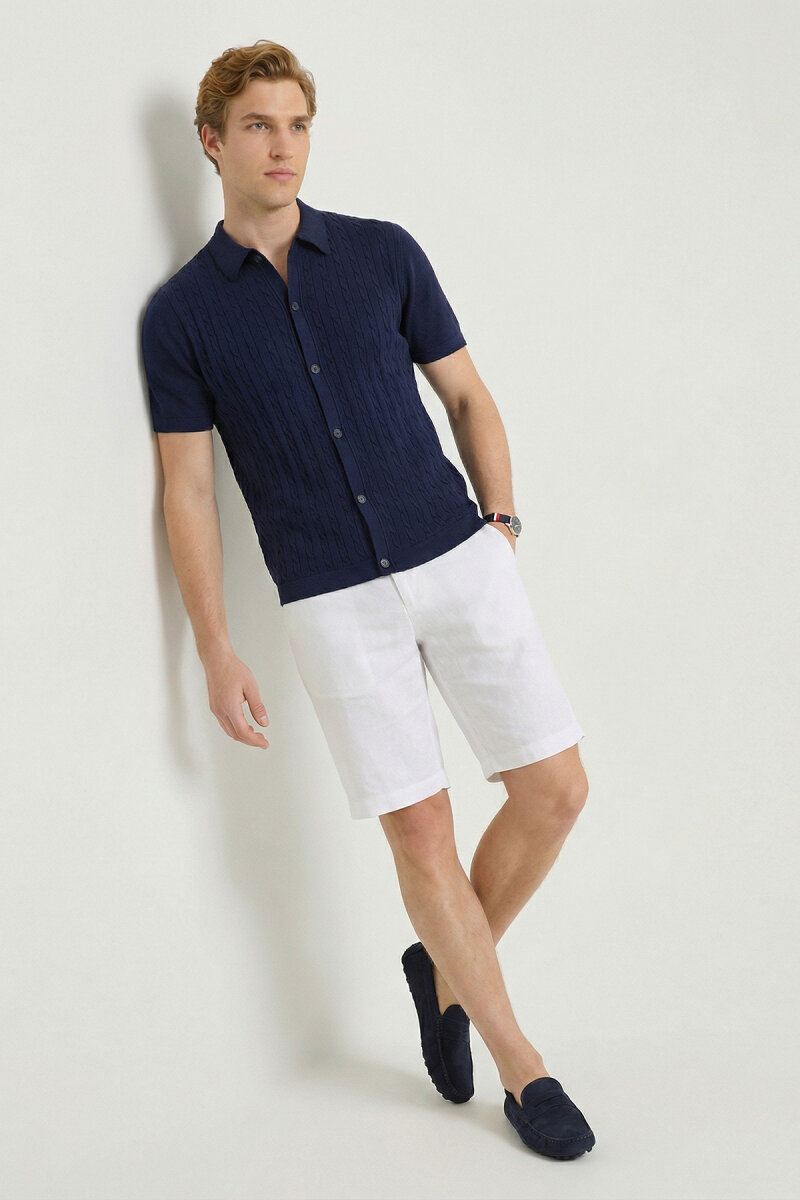 Navy Blue 100% Cotton Polo Knit - 3