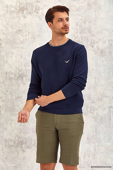 Lacivert %100 Pamuk Yuvarlak Yaka Sweatshirt
