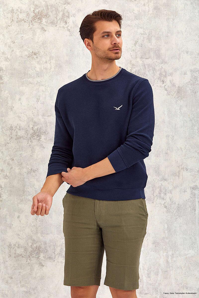 Lacivert %100 Pamuk Yuvarlak Yaka Sweatshirt