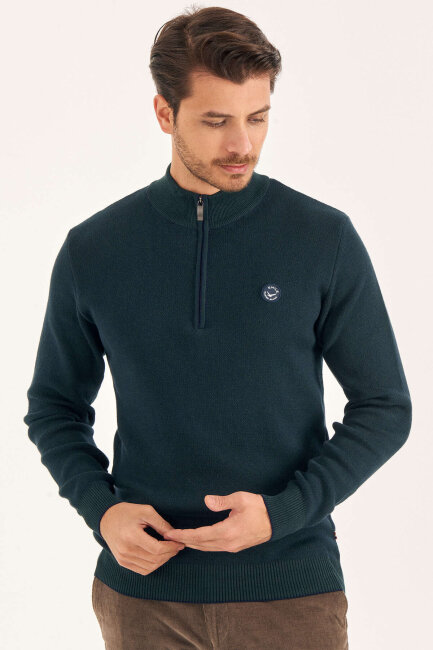 Green 100% Cotton Short Zip Sweater - 2