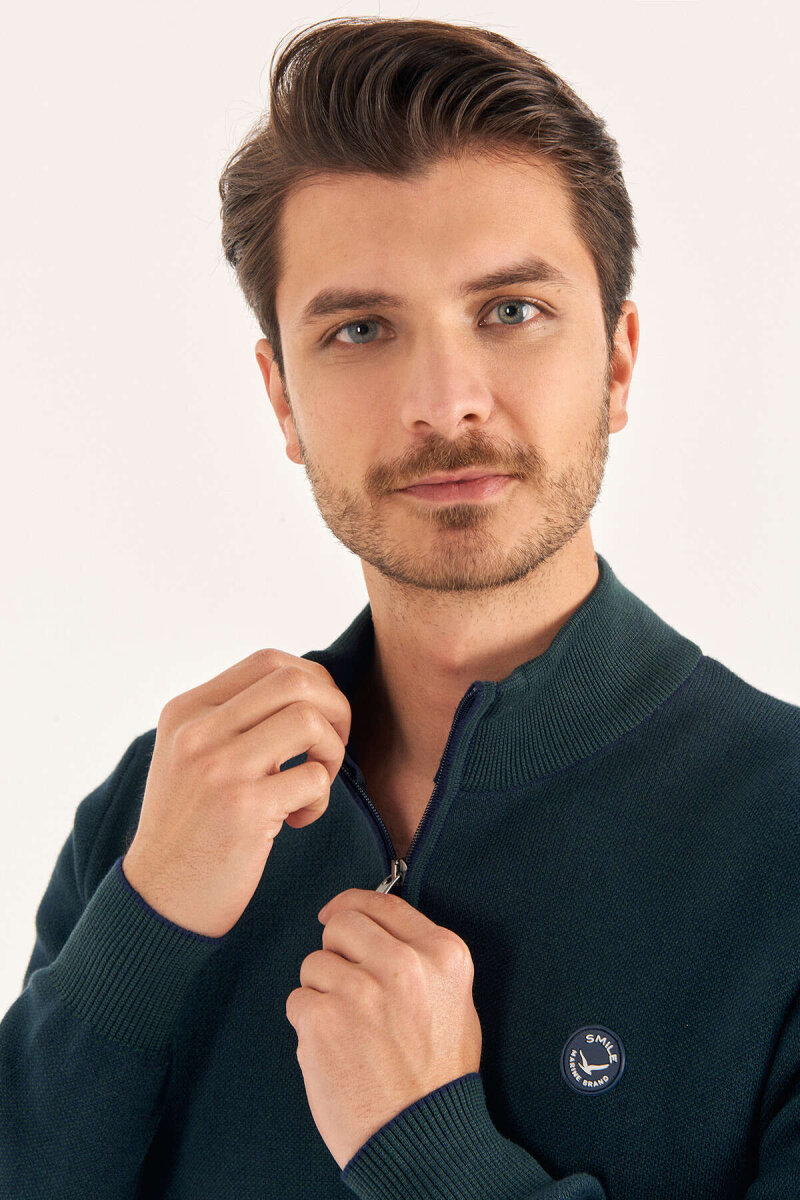 Green 100% Cotton Short Zip Sweater - 3