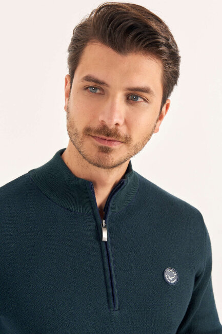 Green 100% Cotton Short Zip Sweater - 4