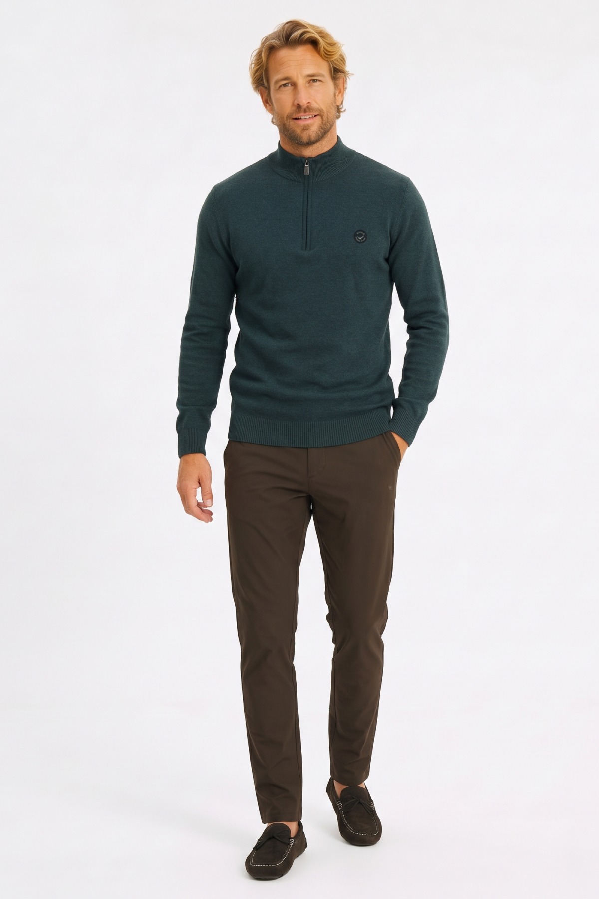 Green 100% Cotton Short Zip Sweater - 2