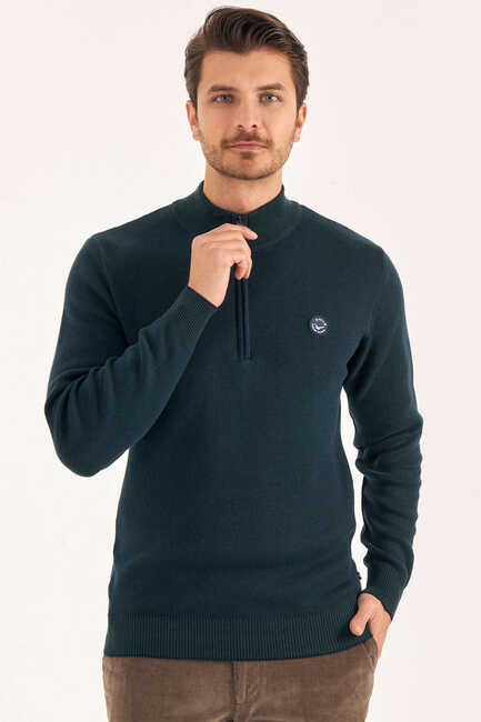 Green 100% Cotton Short Zip Sweater - 1