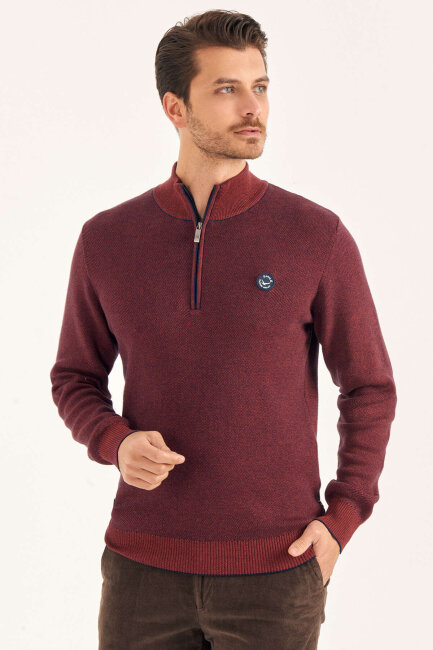 Tile-colored 100% Cotton Short Zip-Up Sweater - 2