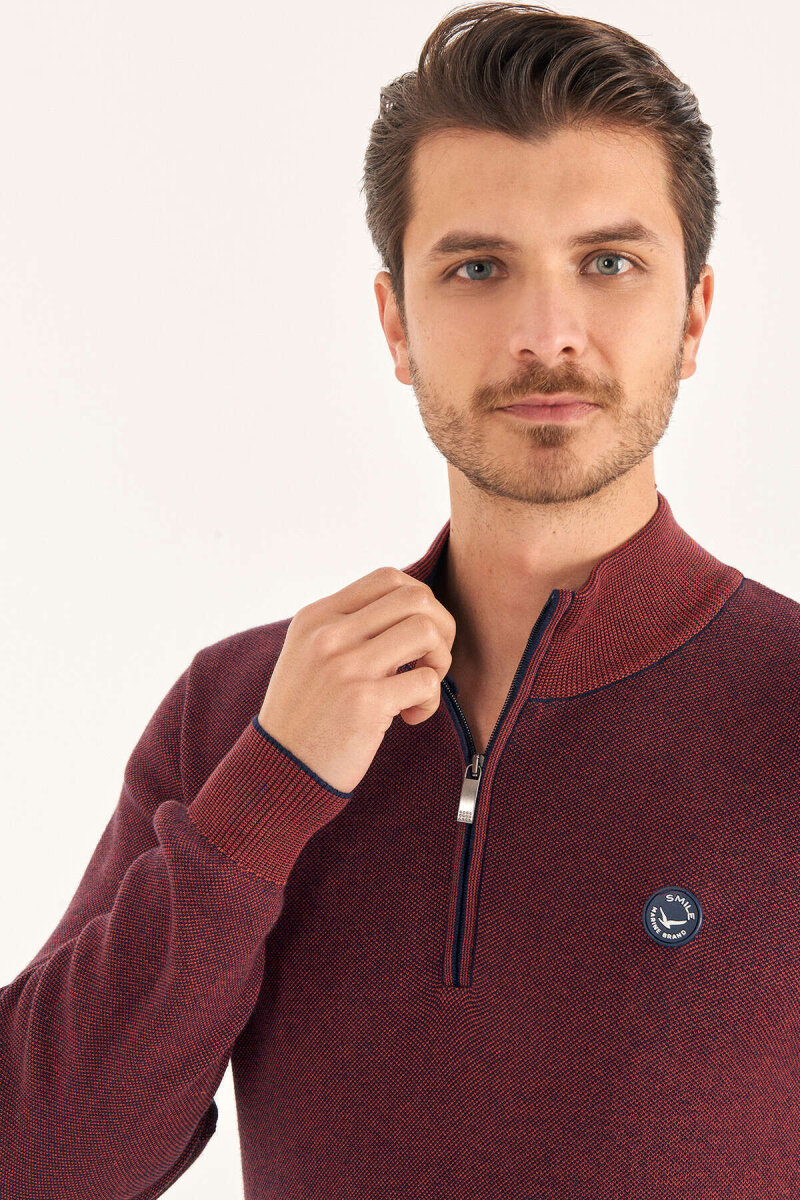 Tile-colored 100% Cotton Short Zip-Up Sweater - 3