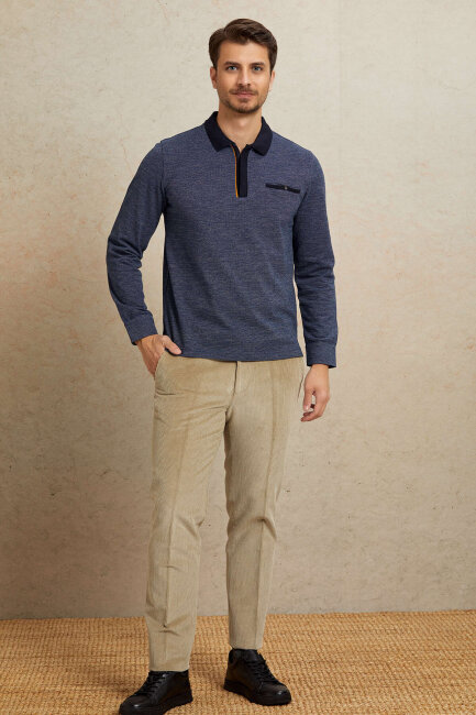 Navy Blue 100% Cotton Polo Sweatshirt - 3