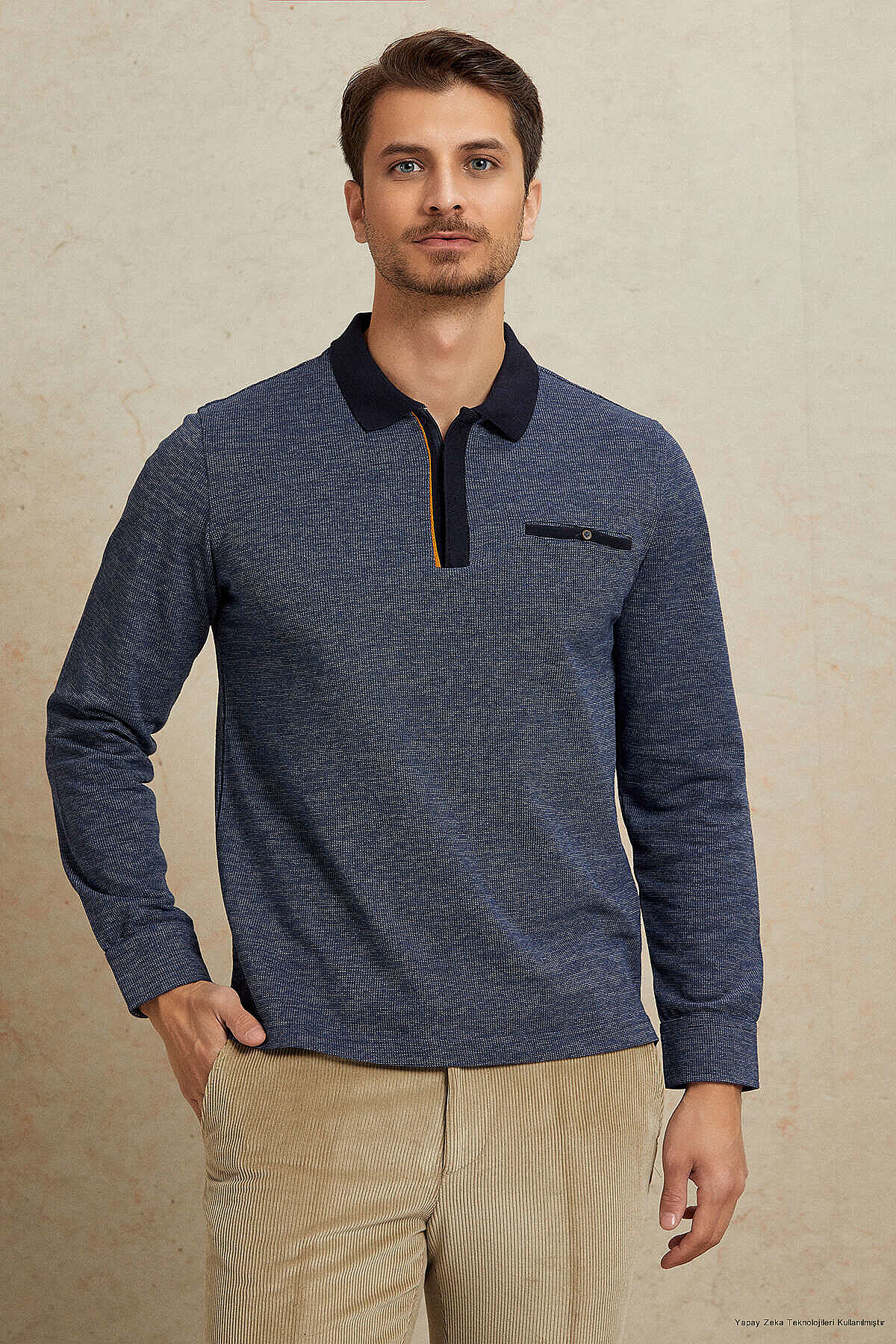 Navy Blue 100% Cotton Polo Sweatshirt - 1