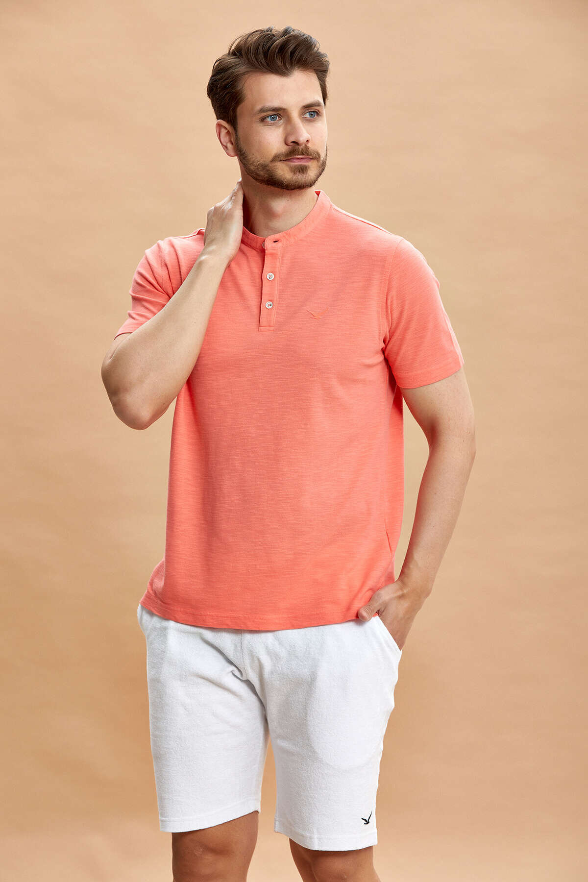 Coral 100% Cotton Mandarin Collar T-shirt - 1