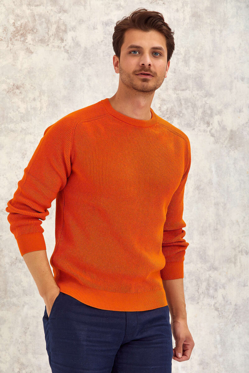 Orange 100% Cotton Round Neck Sweater - 2