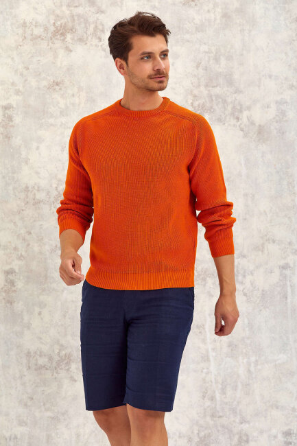 Orange 100% Cotton Round Neck Sweater - 1
