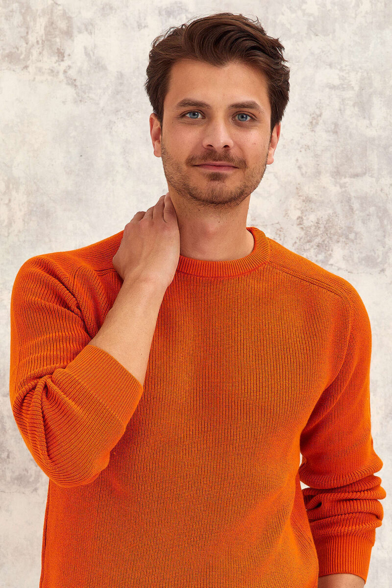 Orange 100% Cotton Round Neck Sweater - 4