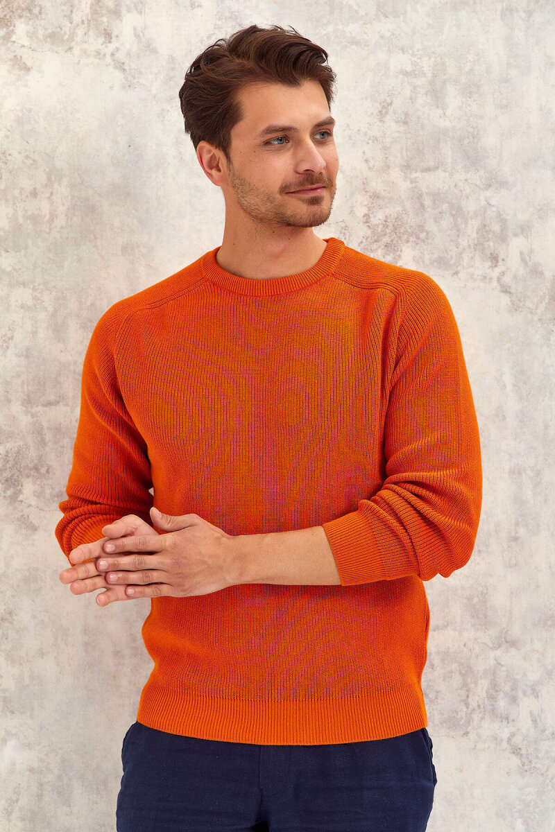 Orange 100% Cotton Round Neck Sweater - 5