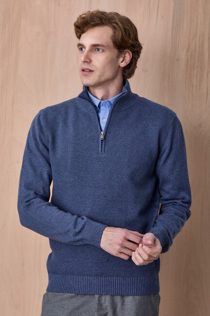 Denim %100 Pamuk Fermuarlı Kazak - 2
