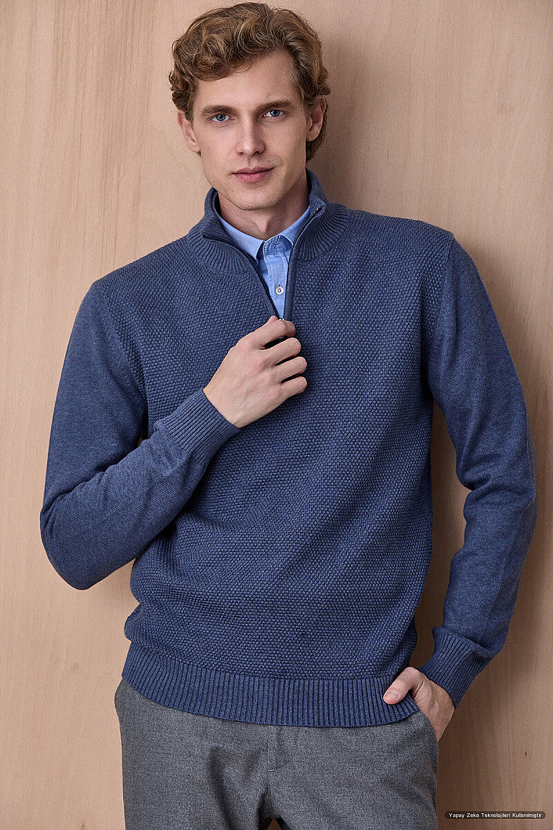 Denim %100 Pamuk Fermuarlı Kazak