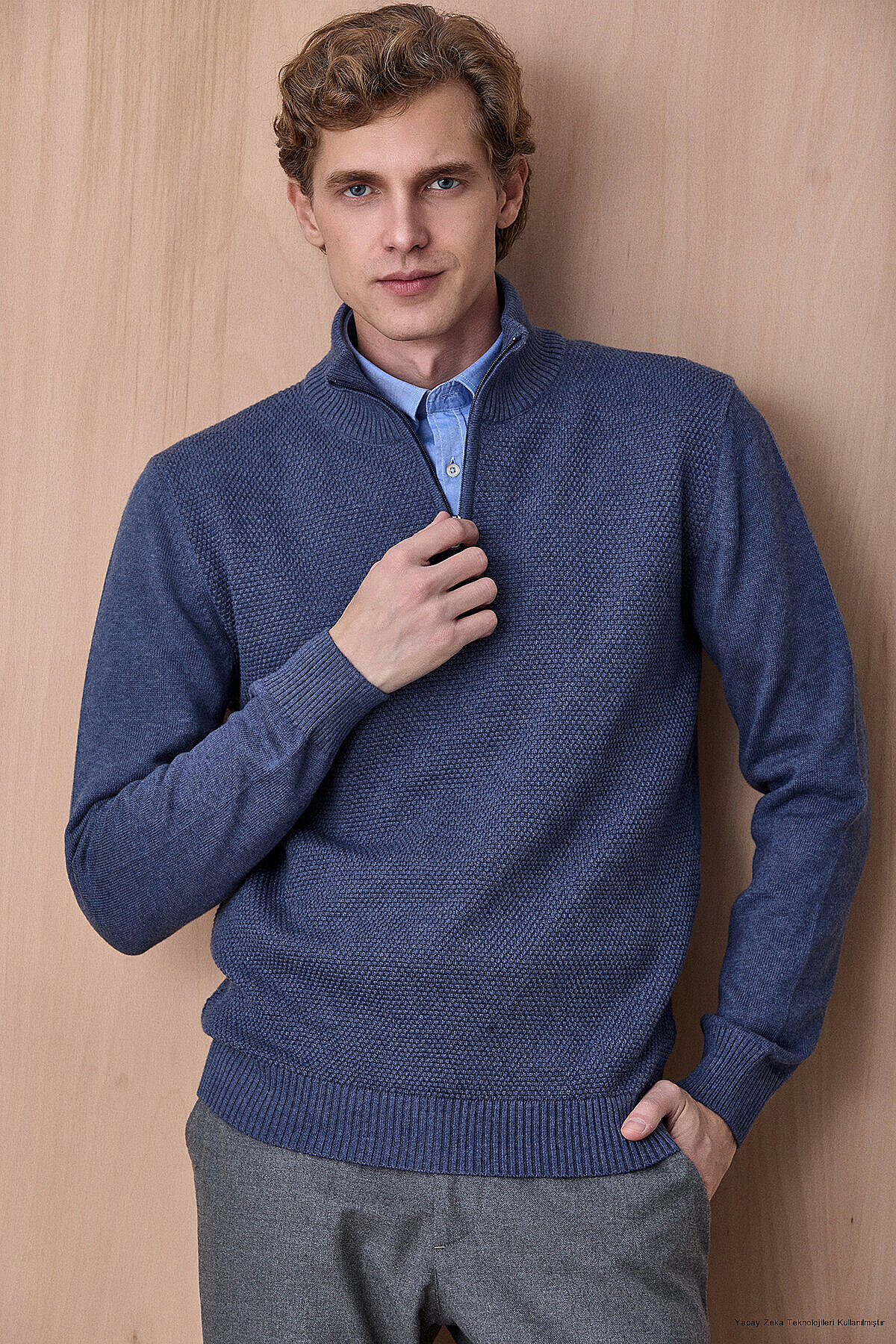Denim %100 Pamuk Fermuarlı Kazak - 1
