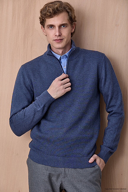 Denim %100 Pamuk Fermuarlı Kazak - 1